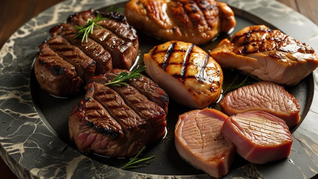 Mix de carnes servido em pedra redonda, com 2 bife de Entrecot 2 filé de frango 2 filé de suíno grelhado